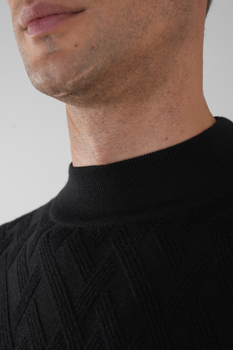 Siyah Yarım Balıkçı Ön Jakar Yün Erkek Triko - 3