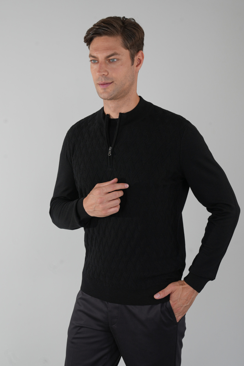 Siyah Yarım Balıkçı Yaka Fermuar Detaylı Jakarlı Erkek Triko