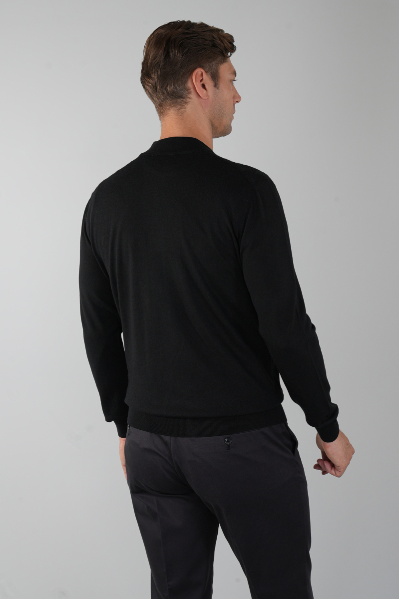Siyah Yarım Balıkçı Yaka Fermuar Detaylı Jakarlı Erkek Triko (1)