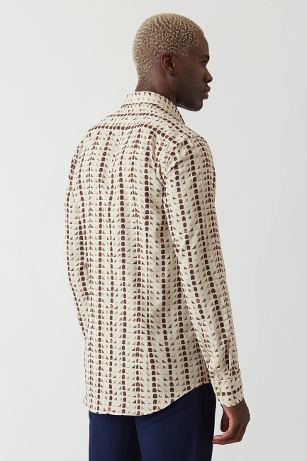 Slim Fit Kahve Desenli Uzun Kollu Spor Erkek Gömlek - 2