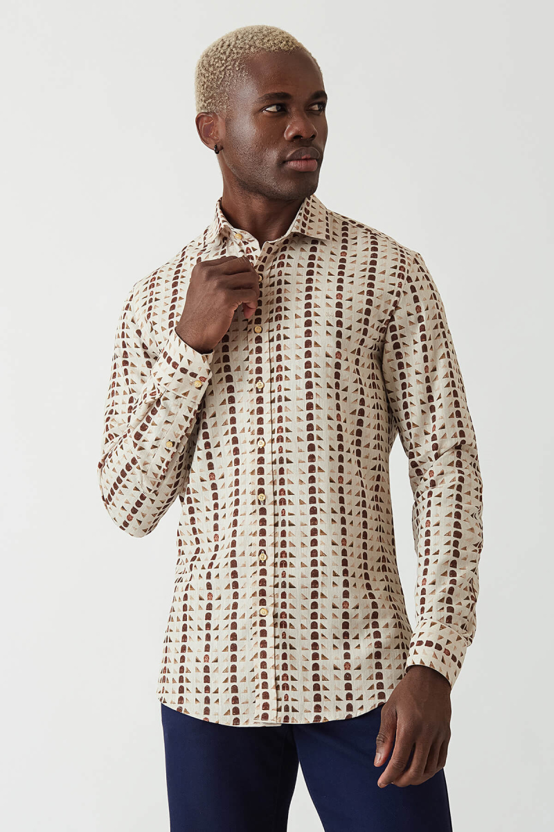 Slim Fit Kahve Desenli Uzun Kollu Spor Erkek Gömlek