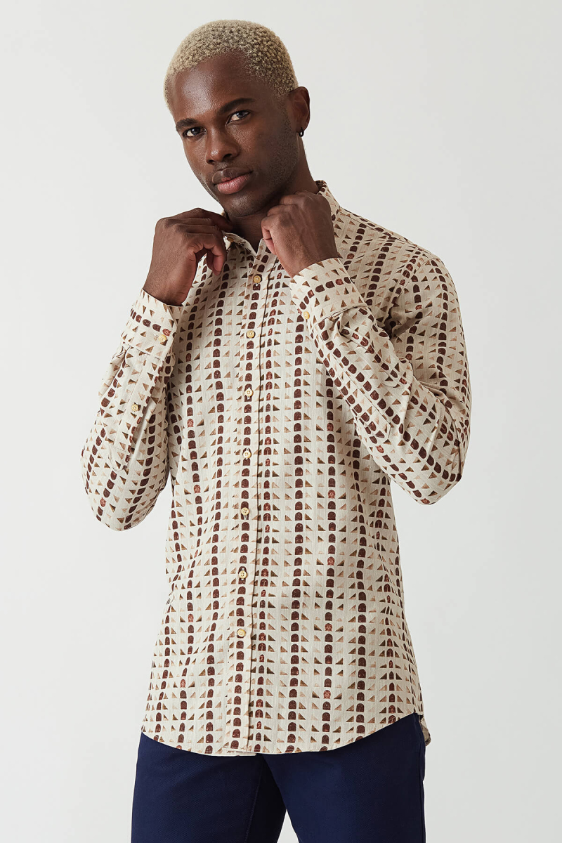 Slim Fit Kahve Desenli Uzun Kollu Spor Erkek Gömlek - 4