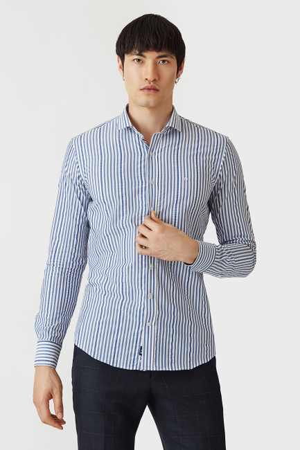 Slim Fit Lacivert Basic Spor Erkek Gömlek - 4