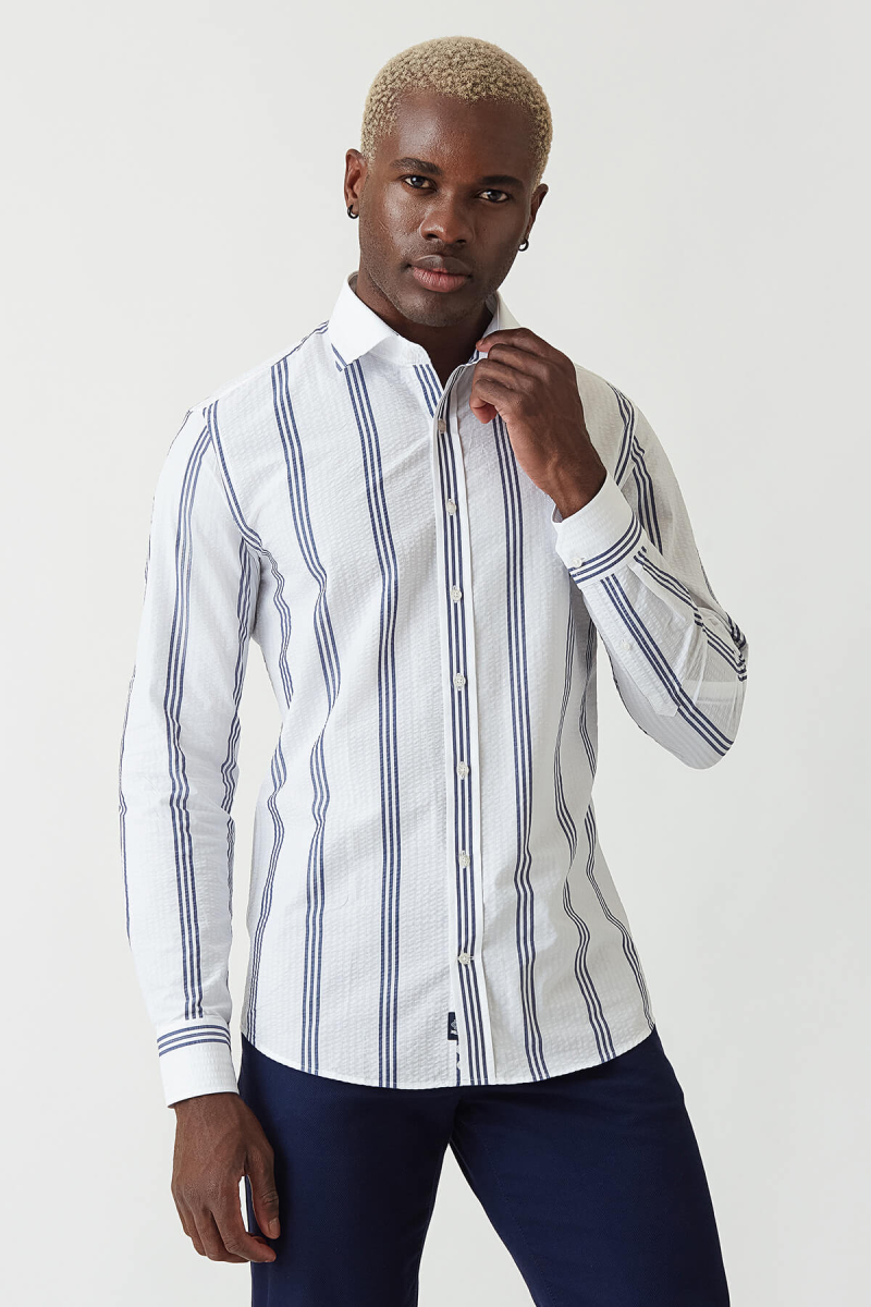 Slim Fit Lacivert Çizgili Spor Tarzı Erkek Gömlek - 1