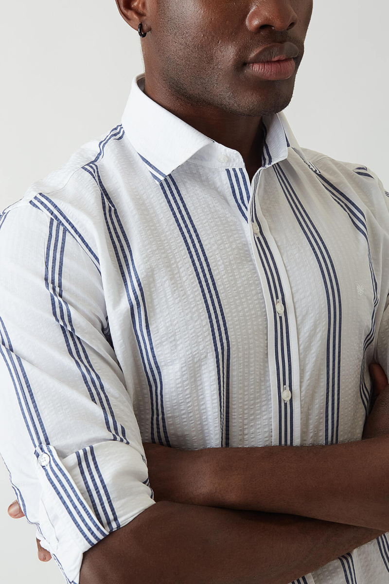 Slim Fit Lacivert Çizgili Spor Tarzı Erkek Gömlek - 5