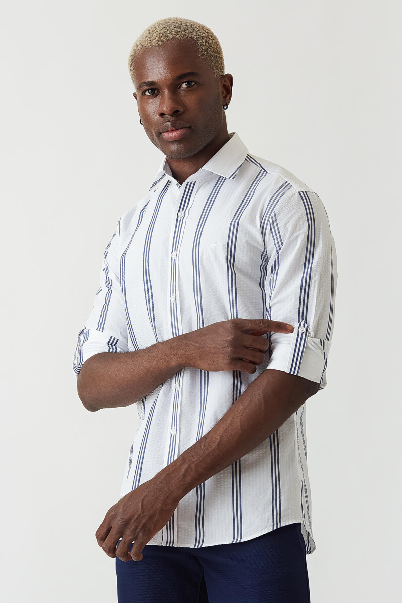 Slim Fit Lacivert Çizgili Spor Tarzı Erkek Gömlek - 4