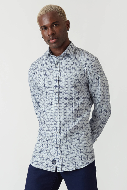 Slim Fit Lacivert Desenli Uzun Kollu Spor Erkek Gömlek - 1