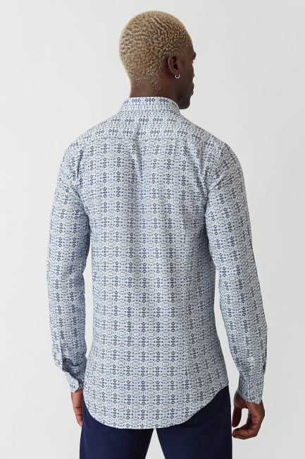 Slim Fit Lacivert Desenli Uzun Kollu Spor Erkek Gömlek - 2