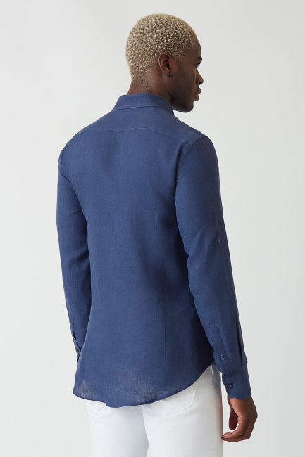 Men’s Slim Fit Long Sleeve Linen Shirt NAVY BLUE (1)