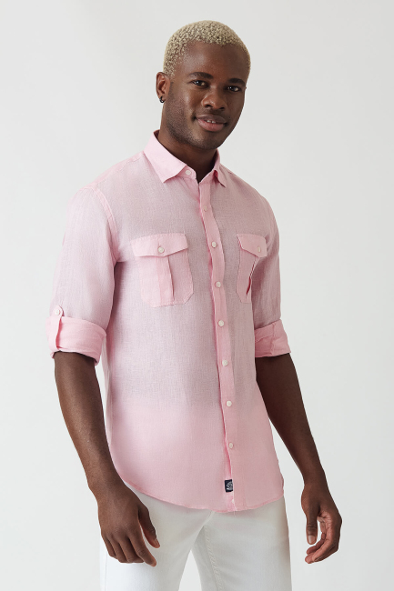 Slim Fit Pembe Keten Paşa Yaka Uzun Kollu Erkek Gömlek - 5