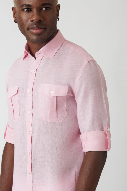 Slim Fit Pembe Keten Paşa Yaka Uzun Kollu Erkek Gömlek - 4