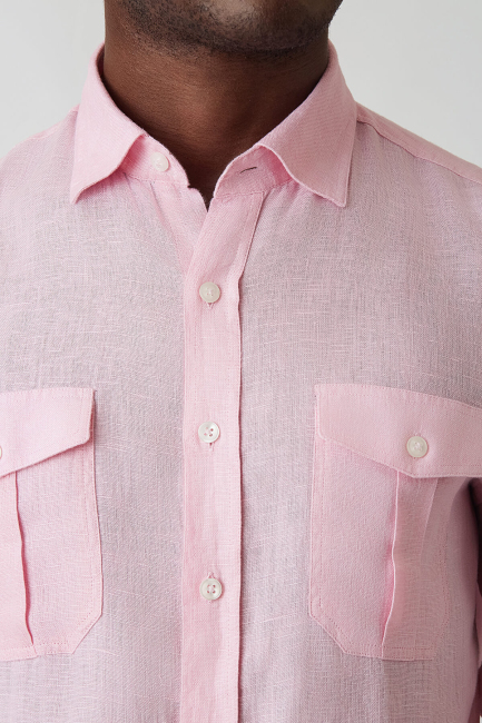 Slim Fit Pembe Keten Paşa Yaka Uzun Kollu Erkek Gömlek - 3