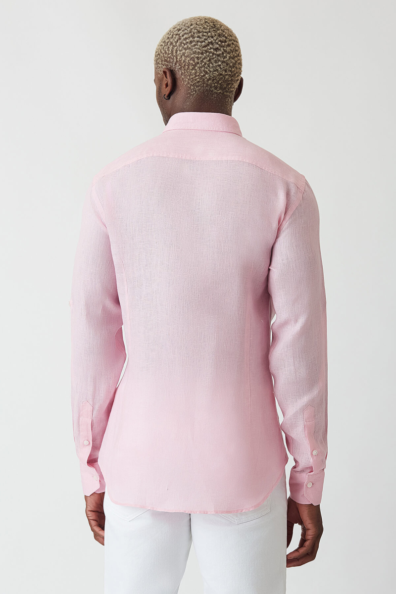 Slim Fit Pembe Keten Paşa Yaka Uzun Kollu Erkek Gömlek (1)