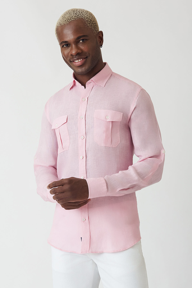 Slim Fit Pembe Keten Paşa Yaka Uzun Kollu Erkek Gömlek