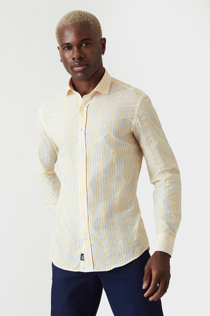Slim Fit Sarı Paşa Yaka Spor Erkek Gömlek - 4