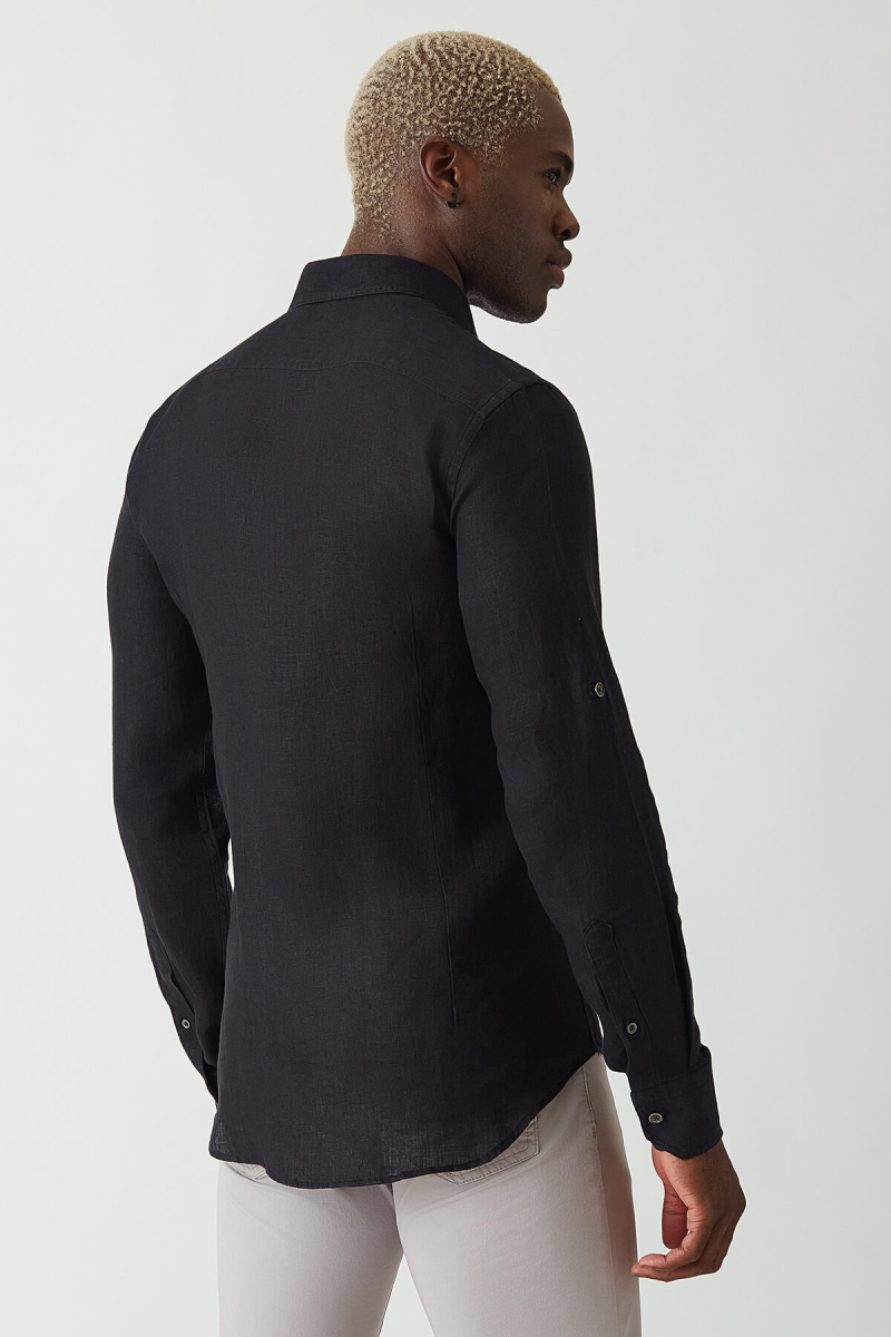 Slim Fit Siyah Keten Paşa Yaka Erkek Gömlek (1)