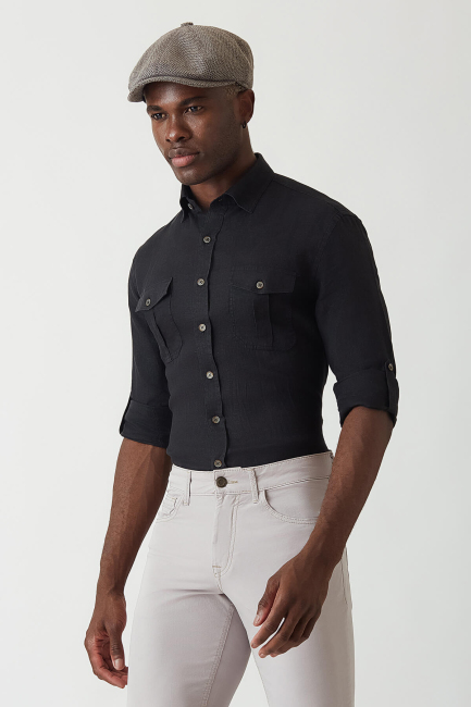 Slim Fit Siyah Keten Paşa Yaka Erkek Gömlek - 4