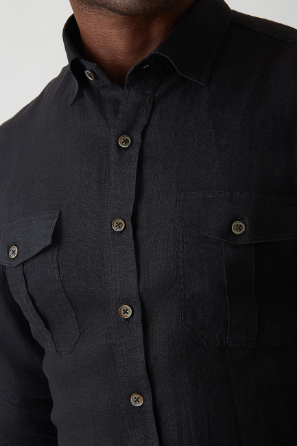 Slim Fit Siyah Keten Paşa Yaka Erkek Gömlek - 3
