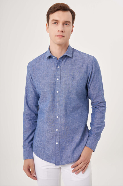 Slim Fit Uzun Kollu Lacivert Spor Erkek Gömlek