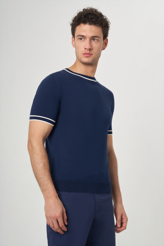 Bisiklet Yaka Lacivert Triko Erkek T-Shirt - 4