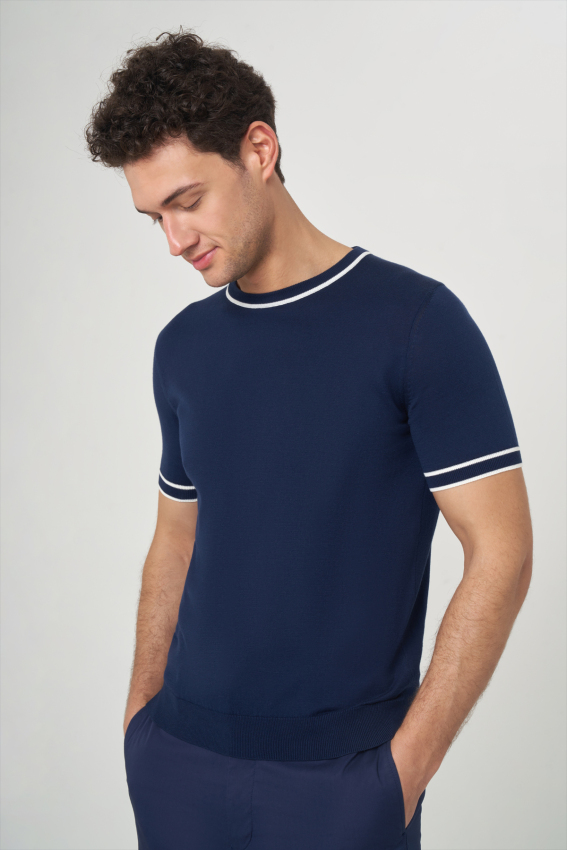 Bisiklet Yaka Lacivert Triko Erkek T-Shirt - 1