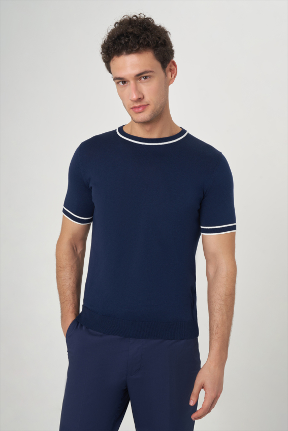 Bisiklet Yaka Lacivert Triko Erkek T-Shirt - 3