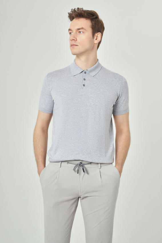 Basic Polo Yaka Gri Triko Erkek T-Shirt - 3