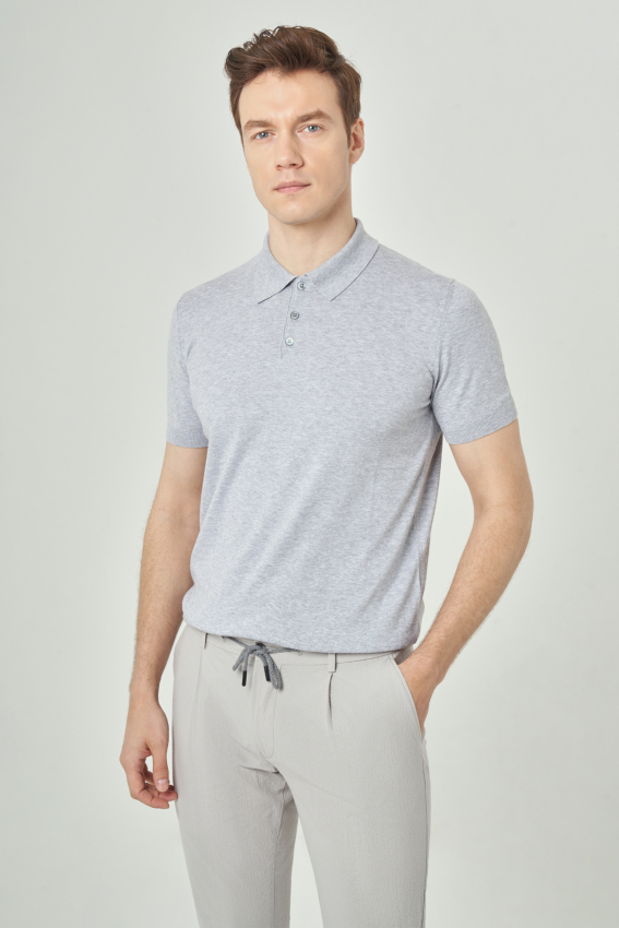 Basic Polo Yaka Gri Triko Erkek T-Shirt - 1