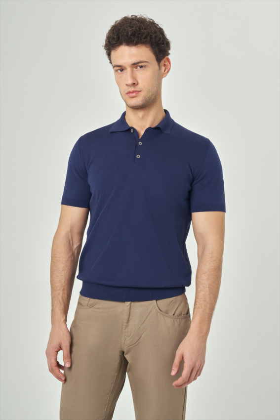 Basic Polo Yaka Lacivert Triko Erkek T-Shirt - 1