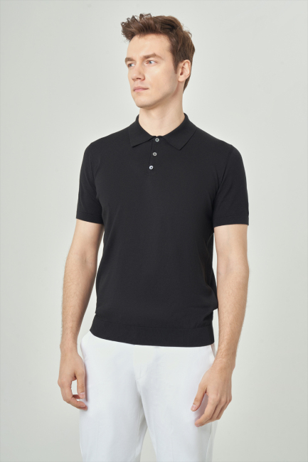 Erkek Kısa Kol Polo Yaka Düğmeli Basic Yazlık Triko T-Shirt Sıyah