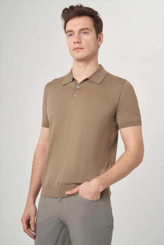 Basic Polo Yaka Vizon Triko Erkek T-Shirt - 1