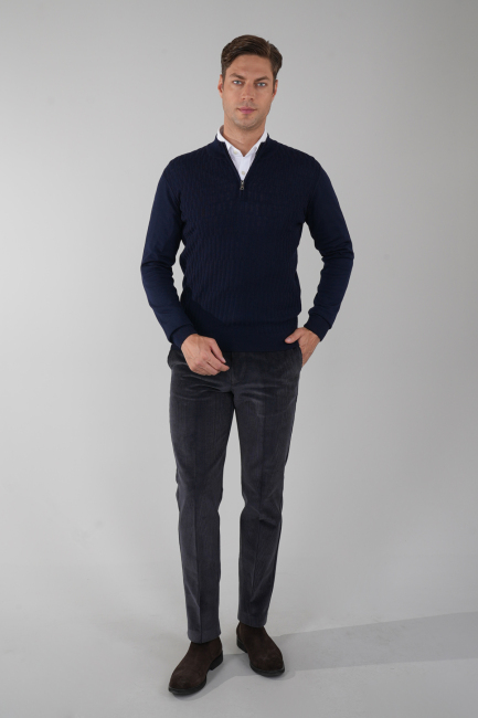 Lacivert Yarım Balıkçı Fermuarlı Full Jakar Yün Erkek Triko - 5