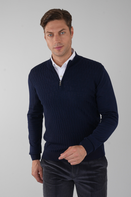 Lacivert Yarım Balıkçı Fermuarlı Full Jakar Yün Erkek Triko 