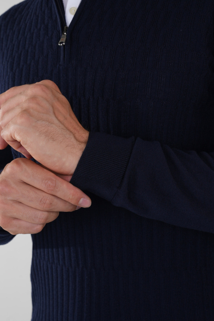 Lacivert Yarım Balıkçı Fermuarlı Full Jakar Yün Erkek Triko - 4