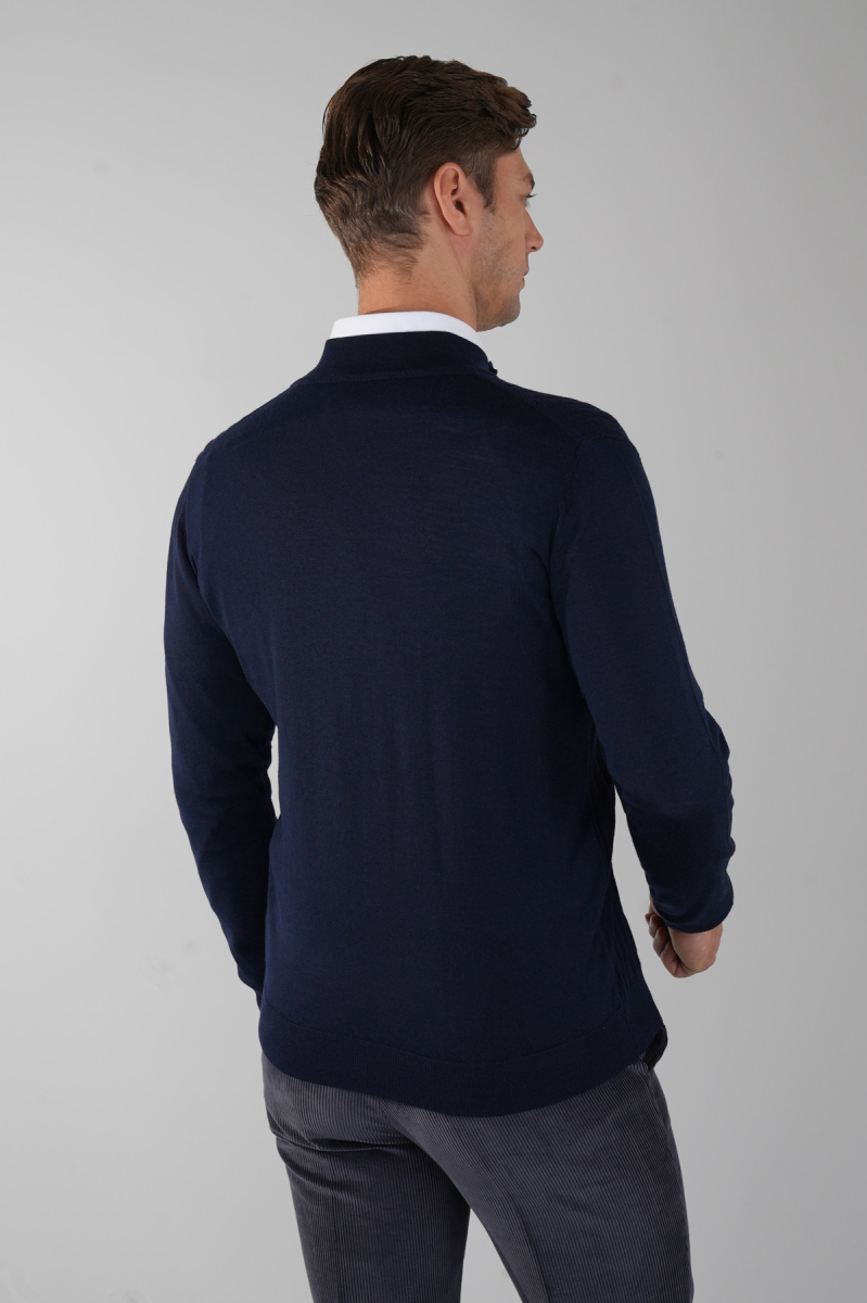 Lacivert Yarım Balıkçı Fermuarlı Full Jakar Yün Erkek Triko (1)