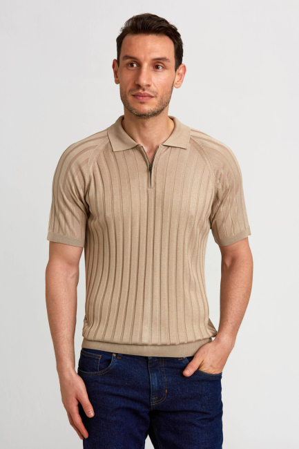 Polo Yaka Fermuarlı Bej Erkek Triko T-Shirt - Bisse