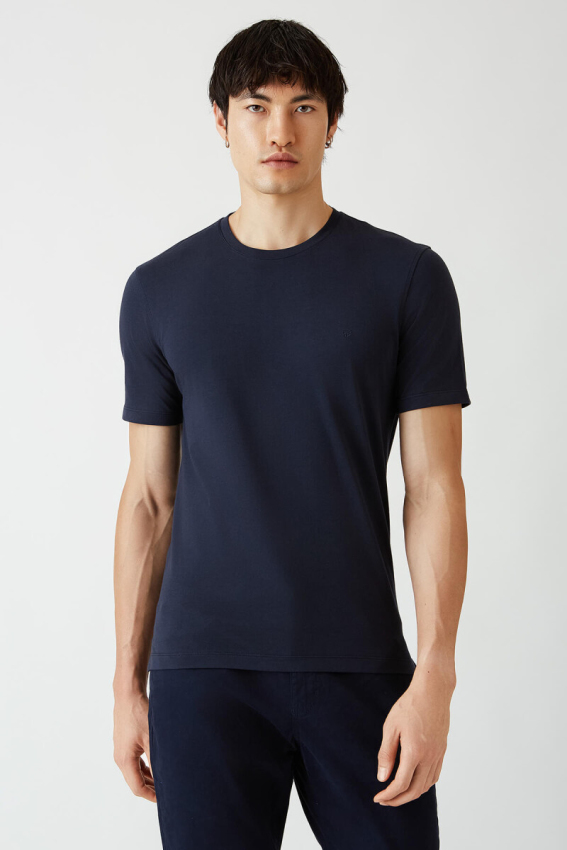 Basic İpek Apreli Bisiklet Yaka Lacivert Erkek T-Shirt - 1