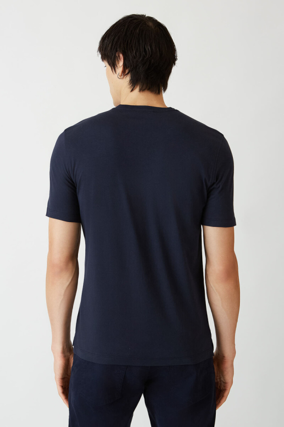 Basic İpek Apreli Bisiklet Yaka Lacivert Erkek T-Shirt - 2
