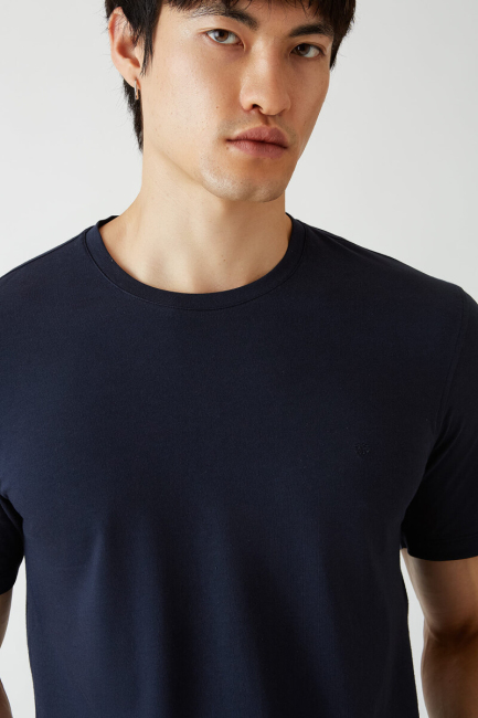 Basic İpek Apreli Bisiklet Yaka Lacivert Erkek T-Shirt - 3