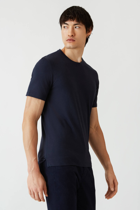 Basic İpek Apreli Bisiklet Yaka Lacivert Erkek T-Shirt - 4