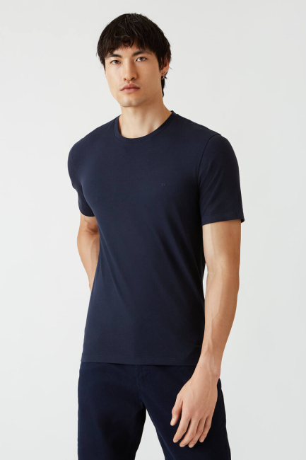 Basic İpek Apreli Bisiklet Yaka Lacivert Erkek T-Shirt - 5