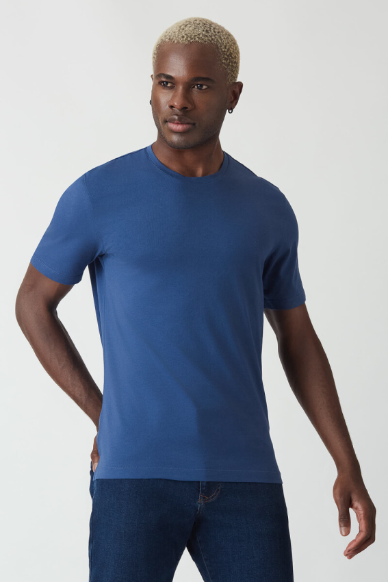 Basic İpek Apreli Bisiklet Yaka İndigo Erkek T-Shirt - 1