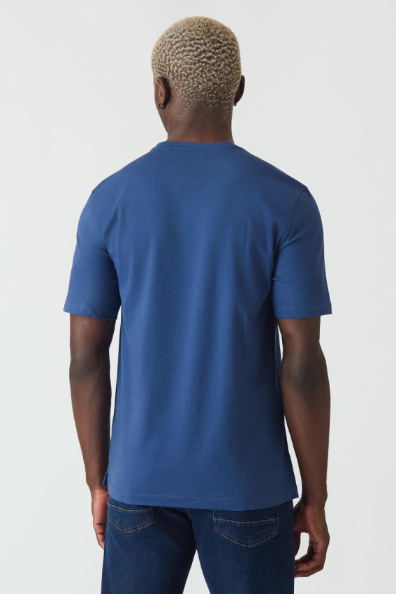 Basic İpek Apreli Bisiklet Yaka İndigo Erkek T-Shirt - 2