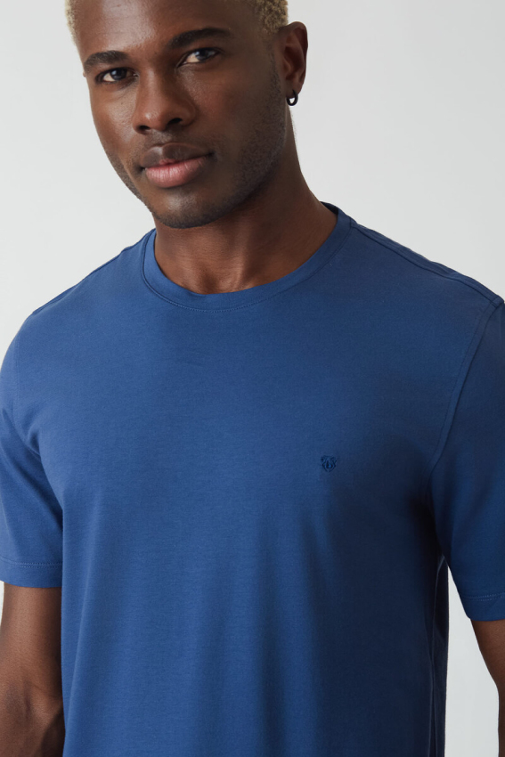 Basic İpek Apreli Bisiklet Yaka İndigo Erkek T-Shirt - 3