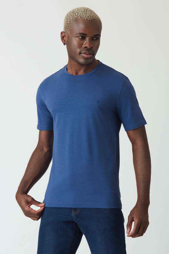 Basic İpek Apreli Bisiklet Yaka İndigo Erkek T-Shirt - 4