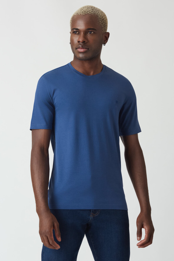 Basic İpek Apreli Bisiklet Yaka İndigo Erkek T-Shirt - 5