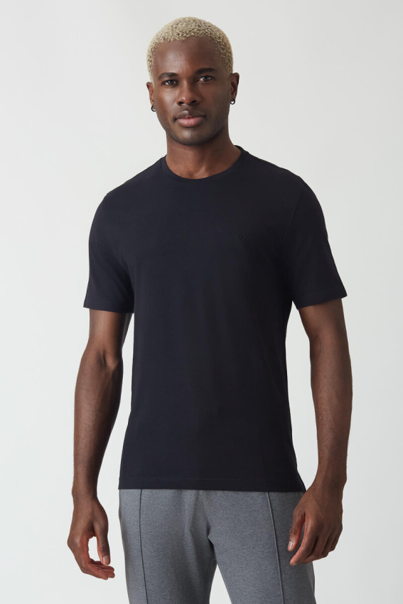 Basic İpek Apreli Bisiklet Yaka Siyah Erkek T-Shirt - 5