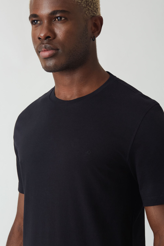 Basic İpek Apreli Bisiklet Yaka Siyah Erkek T-Shirt - 3