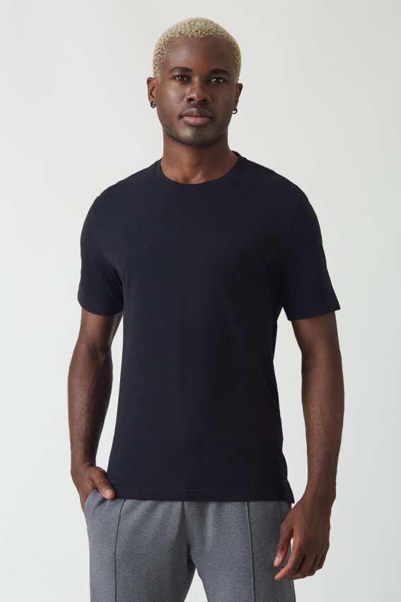 Basic İpek Apreli Bisiklet Yaka Siyah Erkek T-Shirt - 1