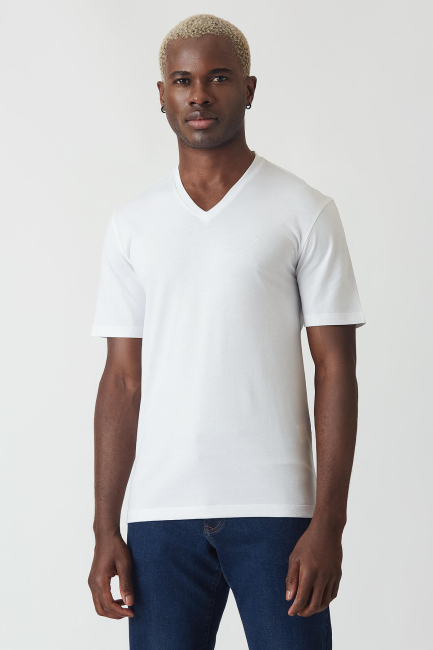 Basic İpek Apreli V Yaka Beyaz Erkek T-Shirt - 4